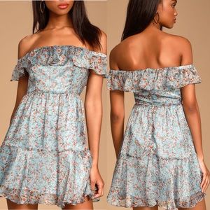 Lulus My Favorite Sky Blue Floral Print Off-the-Shoulder Dress xs